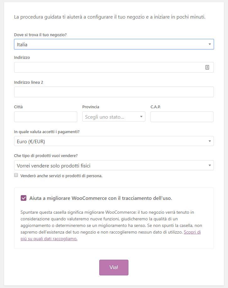 Configurazione Woocommerce - Passo 1